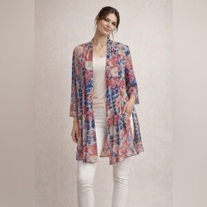 Ali Miles Floral Watercolor Art to Wear Open Cardigan XL Lagenlook Coastal Boho